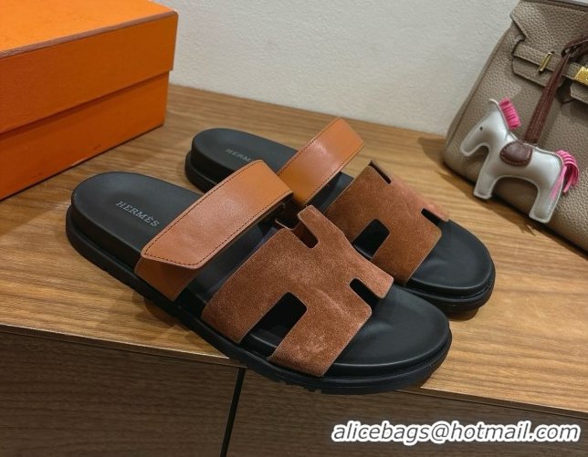 Best Price Hermes Chypre Slide Sandals in Calfskin Suede Tan/Brown 2025 H082008 0820072