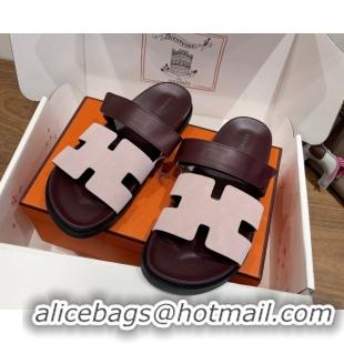 Best Price Hermes Chypre Slide Sandals in Calfskin and Suede Pink/Burgundy 2025 H082008 0820073
