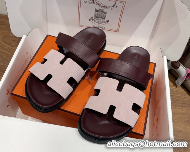 Best Price Hermes Chypre Slide Sandals in Calfskin and Suede Pink/Burgundy 2025 H082008 0820073