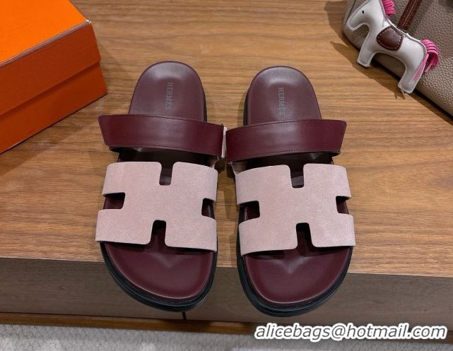 Best Price Hermes Chypre Slide Sandals in Calfskin and Suede Pink/Burgundy 2025 H082008 0820073