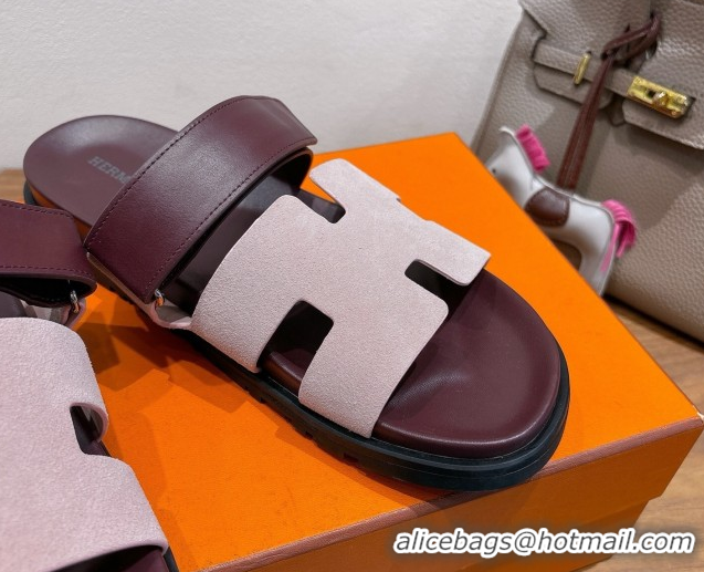 Best Price Hermes Chypre Slide Sandals in Calfskin and Suede Pink/Burgundy 2025 H082008 0820073