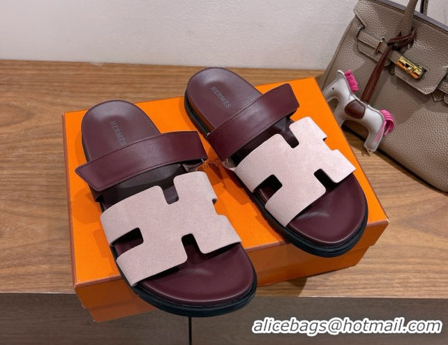 Best Price Hermes Chypre Slide Sandals in Calfskin and Suede Pink/Burgundy 2025 H082008 0820073