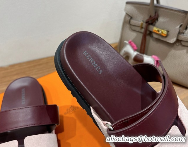 Best Price Hermes Chypre Slide Sandals in Calfskin and Suede Pink/Burgundy 2025 H082008 0820073