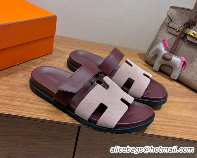Best Price Hermes Chypre Slide Sandals in Calfskin and Suede Pink/Burgundy 2025 H082008 0820073