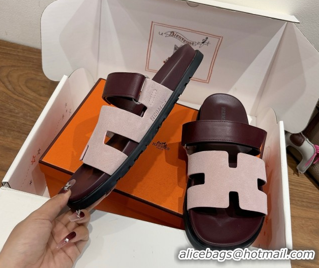 Best Price Hermes Chypre Slide Sandals in Calfskin and Suede Pink/Burgundy 2025 H082008 0820073