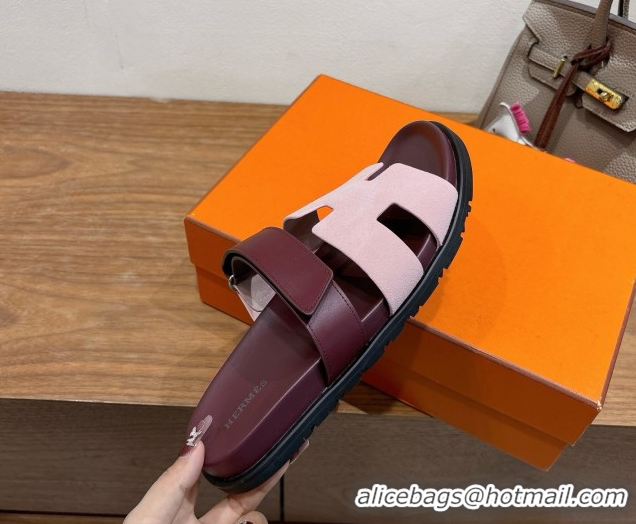 Best Price Hermes Chypre Slide Sandals in Calfskin and Suede Pink/Burgundy 2025 H082008 0820073
