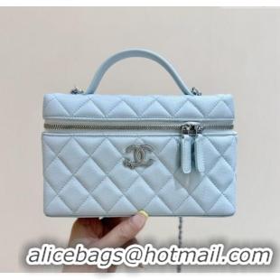 Best Grade Chanel Shiny Grained Calfskin Vanity with Chain and Star AP4854 Light Blue 2025 Top Quality