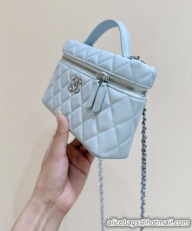 Best Grade Chanel Shiny Grained Calfskin Vanity with Chain and Star AP4854 Light Blue 2025 Top Quality