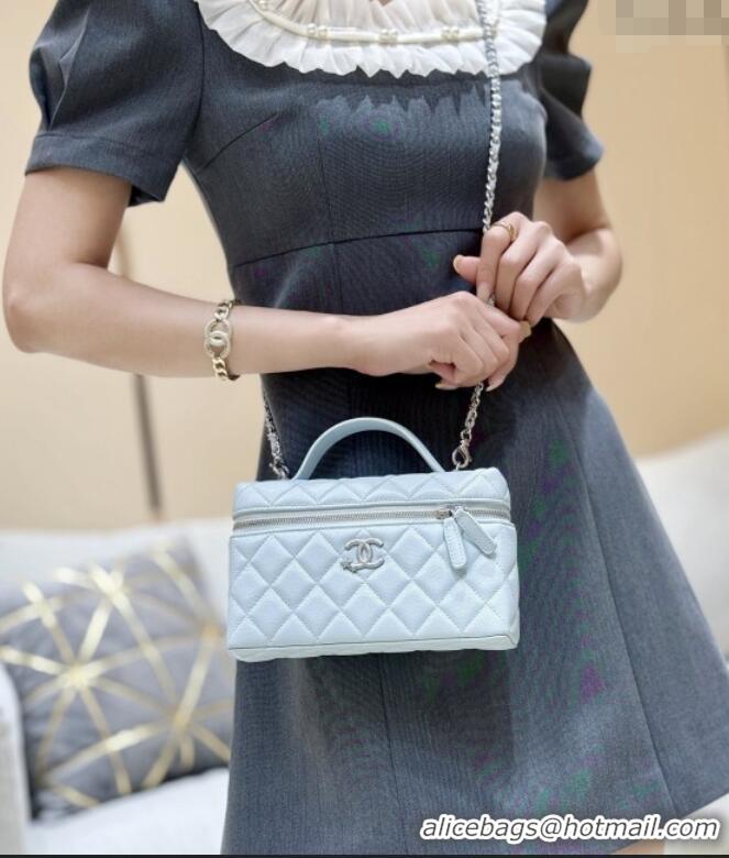 Best Grade Chanel Shiny Grained Calfskin Vanity with Chain and Star AP4854 Light Blue 2025 Top Quality
