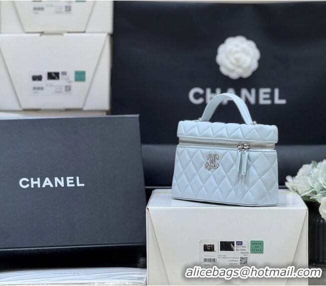 Best Grade Chanel Shiny Grained Calfskin Vanity with Chain and Star AP4854 Light Blue 2025 Top Quality