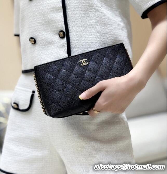 Buy Discount Chanel Pouch in Grained Shiny Calfskin AP4700 Black 2025 Top Quality