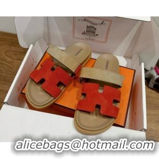 Duplicate Hermes Chypre Slide Sandals in Suede Beige/Red 2025 H082008 0820074