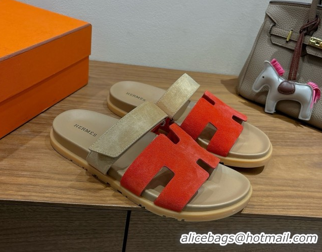 Duplicate Hermes Chypre Slide Sandals in Suede Beige/Red 2025 H082008 0820074