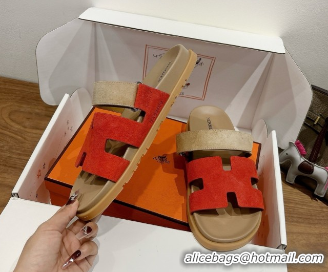 Duplicate Hermes Chypre Slide Sandals in Suede Beige/Red 2025 H082008 0820074