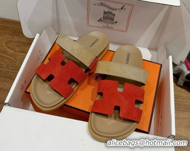 Duplicate Hermes Chypre Slide Sandals in Suede Beige/Red 2025 H082008 0820074