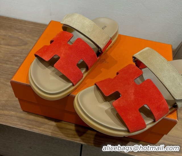 Duplicate Hermes Chypre Slide Sandals in Suede Beige/Red 2025 H082008 0820074