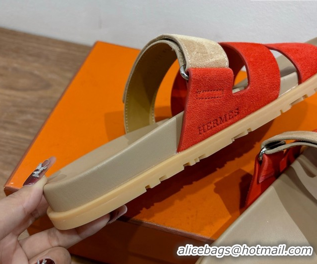 Duplicate Hermes Chypre Slide Sandals in Suede Beige/Red 2025 H082008 0820074