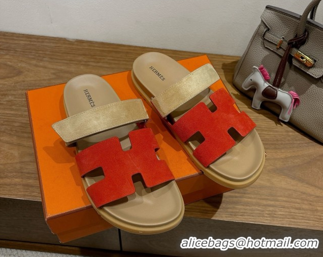 Duplicate Hermes Chypre Slide Sandals in Suede Beige/Red 2025 H082008 0820074