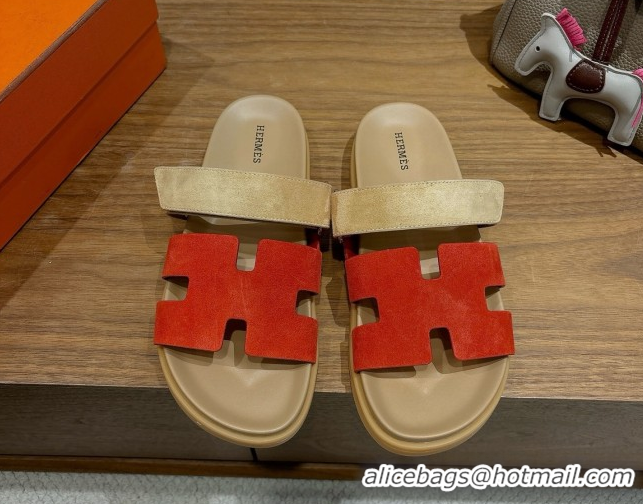 Duplicate Hermes Chypre Slide Sandals in Suede Beige/Red 2025 H082008 0820074