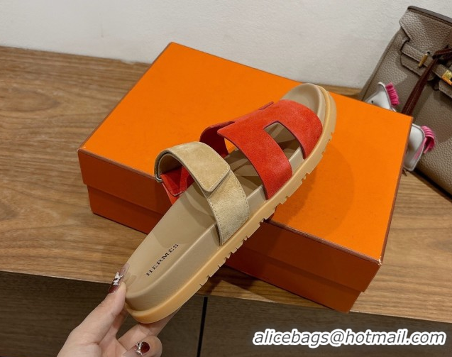 Duplicate Hermes Chypre Slide Sandals in Suede Beige/Red 2025 H082008 0820074