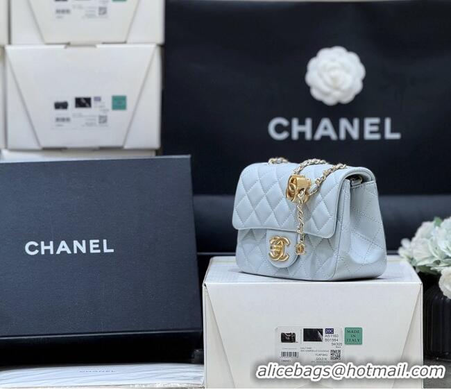 Good Taste Chanel Shiny Lambskin Mini Square Flap Bag with CC Chain AS5758 Light Blue 2025 Top Quality