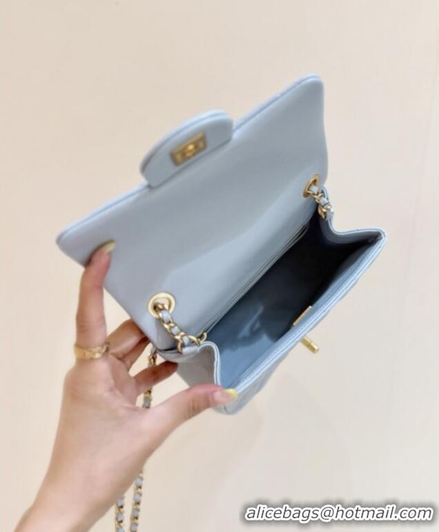 Good Taste Chanel Shiny Lambskin Mini Square Flap Bag with CC Chain AS5758 Light Blue 2025 Top Quality
