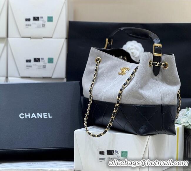 Shop Discount Chanel Small Tote Bag in Suede Calfskin & Shiny Lambskin AS5634 Grey/Black 2025 Top Quality