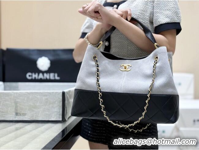 Shop Discount Chanel Small Tote Bag in Suede Calfskin & Shiny Lambskin AS5634 Grey/Black 2025 Top Quality