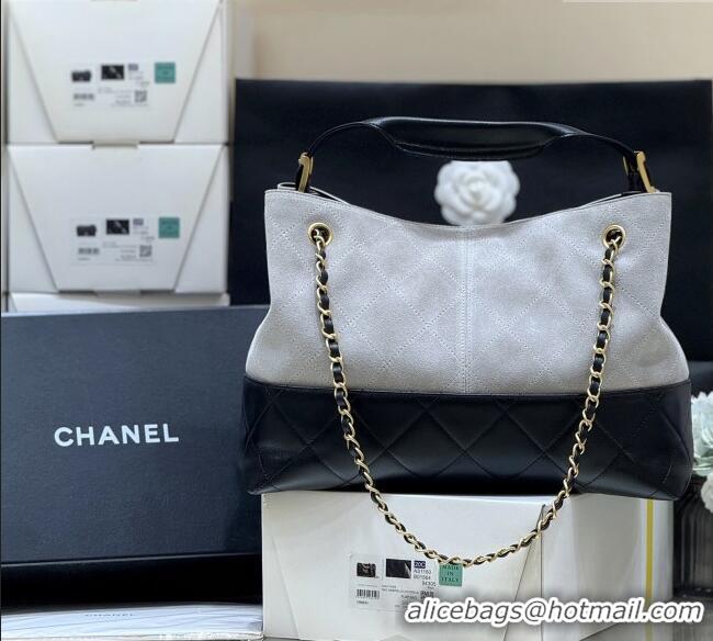 Shop Discount Chanel Small Tote Bag in Suede Calfskin & Shiny Lambskin AS5634 Grey/Black 2025 Top Quality