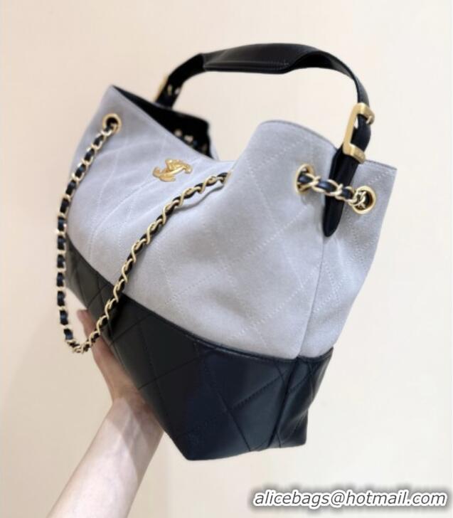 Shop Discount Chanel Small Tote Bag in Suede Calfskin & Shiny Lambskin AS5634 Grey/Black 2025 Top Quality