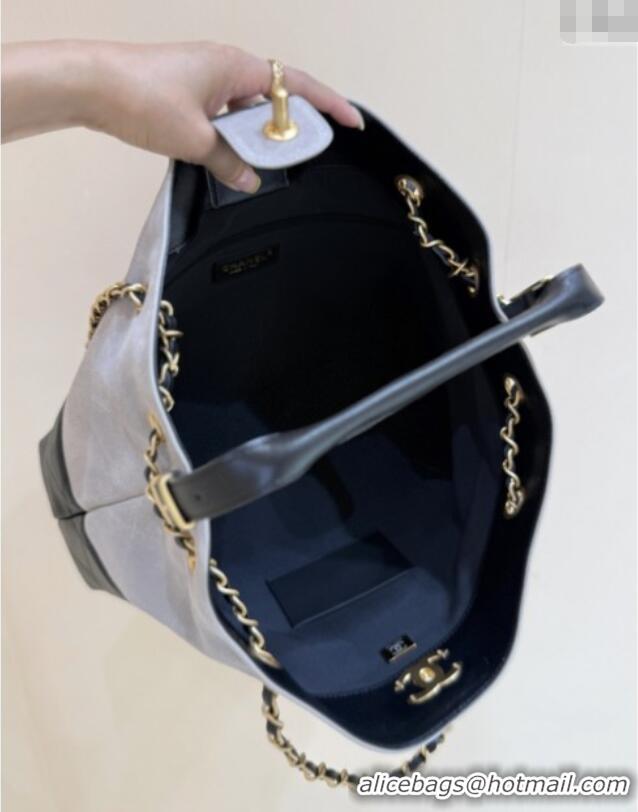 Shop Discount Chanel Small Tote Bag in Suede Calfskin & Shiny Lambskin AS5634 Grey/Black 2025 Top Quality