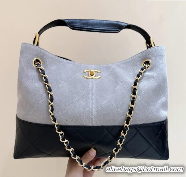 Shop Discount Chanel Small Tote Bag in Suede Calfskin & Shiny Lambskin AS5634 Grey/Black 2025 Top Quality