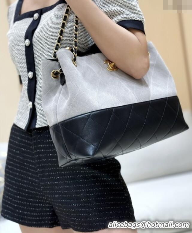 Shop Discount Chanel Small Tote Bag in Suede Calfskin & Shiny Lambskin AS5634 Grey/Black 2025 Top Quality