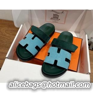 Perfect Hermes Chypre Slide Sandals in Suede Blue/Green 2025 H082008 0820075