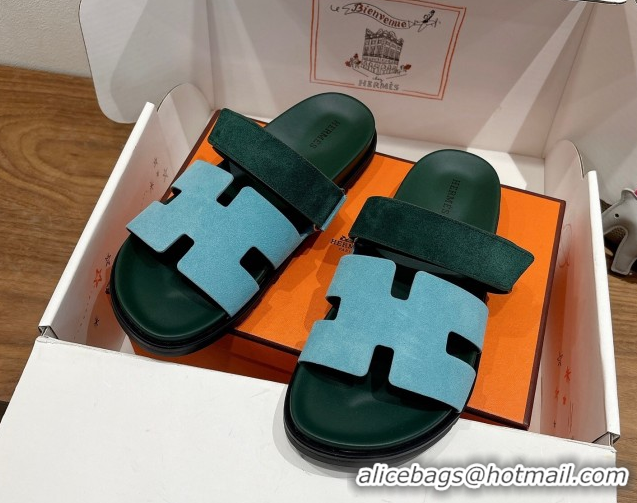 Perfect Hermes Chypre Slide Sandals in Suede Blue/Green 2025 H082008 0820075