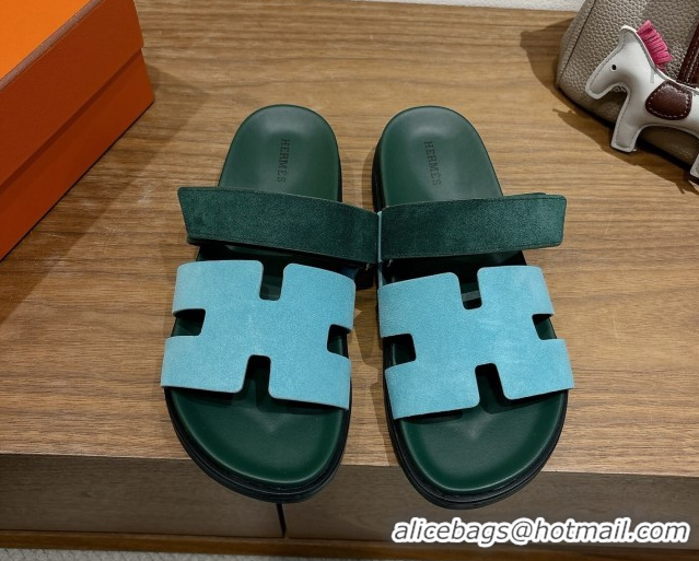 Perfect Hermes Chypre Slide Sandals in Suede Blue/Green 2025 H082008 0820075