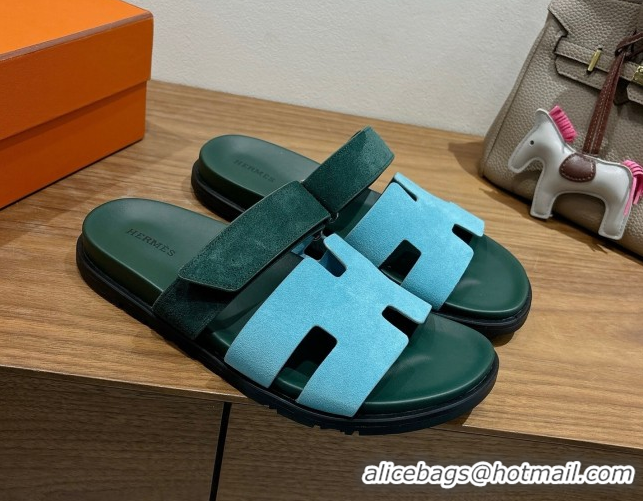 Perfect Hermes Chypre Slide Sandals in Suede Blue/Green 2025 H082008 0820075