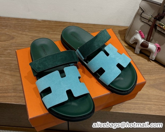 Perfect Hermes Chypre Slide Sandals in Suede Blue/Green 2025 H082008 0820075