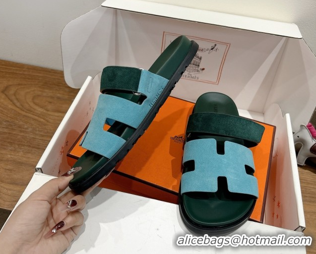 Perfect Hermes Chypre Slide Sandals in Suede Blue/Green 2025 H082008 0820075