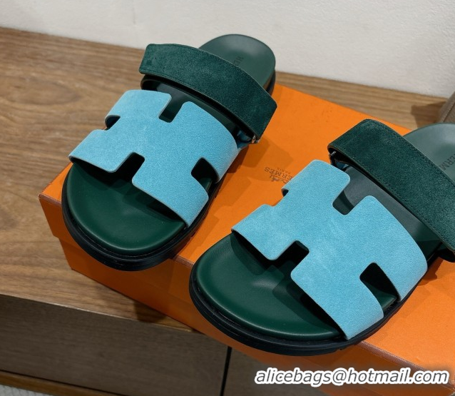 Perfect Hermes Chypre Slide Sandals in Suede Blue/Green 2025 H082008 0820075