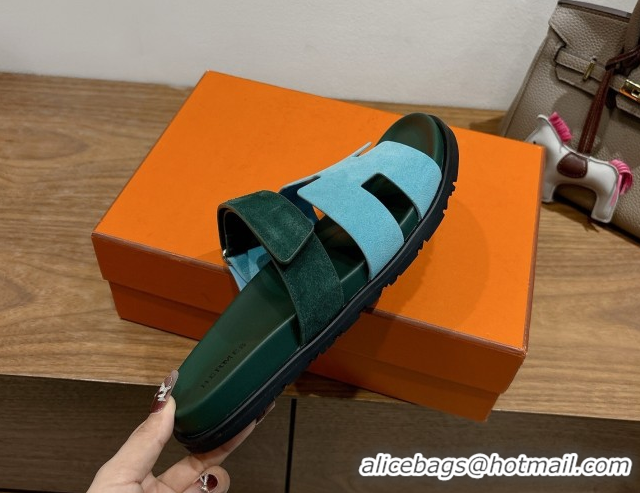 Perfect Hermes Chypre Slide Sandals in Suede Blue/Green 2025 H082008 0820075