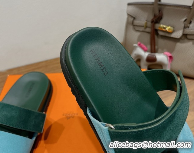 Perfect Hermes Chypre Slide Sandals in Suede Blue/Green 2025 H082008 0820075