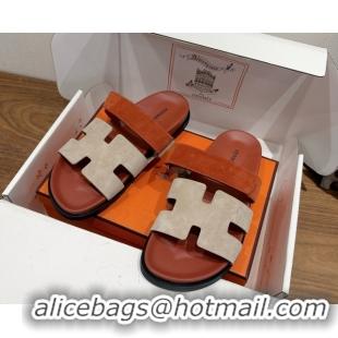 Best Luxury Hermes Chypre Slide Sandals in Suede Brown/Beige 2025 H082008 0820076