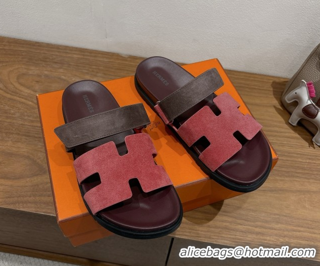 New Style Hermes Chypre Slide Sandals in Suede Pink/Brown 2025 H082008 0820077
