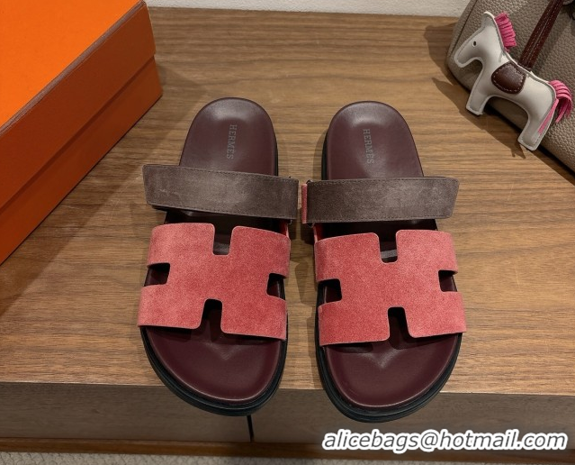 New Style Hermes Chypre Slide Sandals in Suede Pink/Brown 2025 H082008 0820077