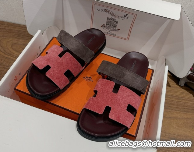 New Style Hermes Chypre Slide Sandals in Suede Pink/Brown 2025 H082008 0820077