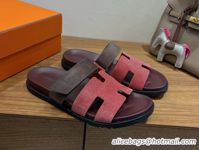 New Style Hermes Chypre Slide Sandals in Suede Pink/Brown 2025 H082008 0820077