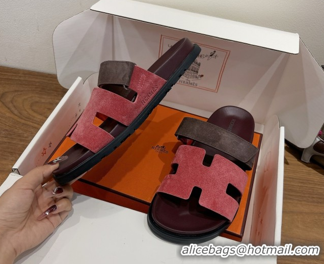 New Style Hermes Chypre Slide Sandals in Suede Pink/Brown 2025 H082008 0820077