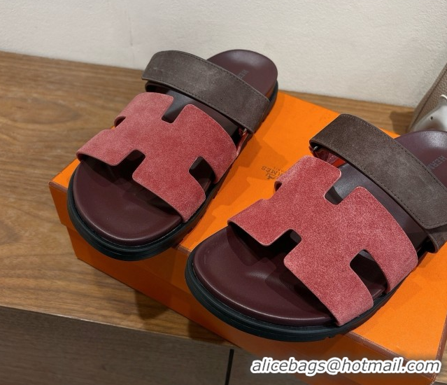 New Style Hermes Chypre Slide Sandals in Suede Pink/Brown 2025 H082008 0820077