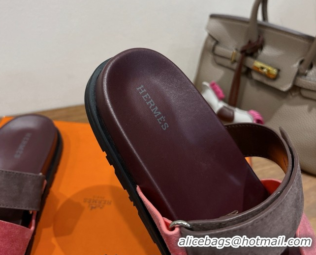 New Style Hermes Chypre Slide Sandals in Suede Pink/Brown 2025 H082008 0820077